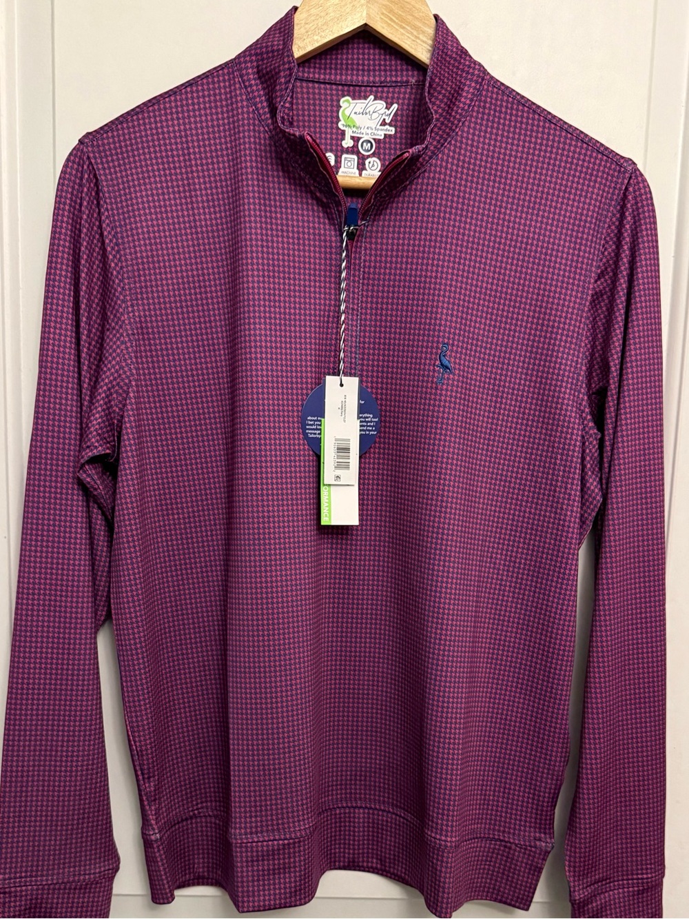 TailorByrd NWT Micro-Houndstooth Performance Quarter-Zip Pullover in "Berry"